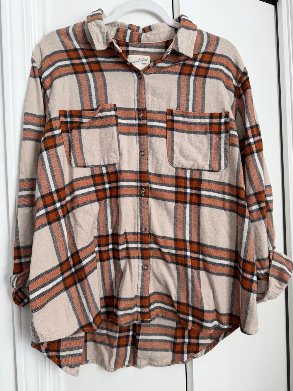 Universal Thread Beige and Orange Plaid Button-Down Shirt